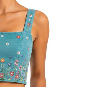 Customized Turquoise Women Embroidered Crop Top and Skirt <b>Set</b> Floral Summer Two Piece Outfit Custom Logo OEM Wholesale Apparel - Product Image 4