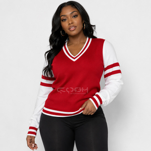 Cardigan en tricot à col en V et manches longues pour femme, style preppy, contraste rouge et blanc, de la marque Cosh International Sisterhood - Product Image 1