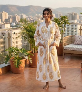 ชุดคลุมอาบน้ำคิโมโนพิมพ์ลายบล็อกอินเดีย ผ้าฝ้าย สำหรับฤดูร้อน ชุดคลุมสำหรับผู้หญิง - Product Image 1