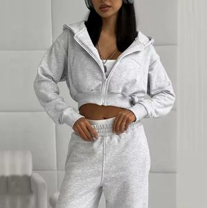 ชุดวอร์มสองชิ้นเสื้อเอวลอยแบบลำลองสำหรับผู้หญิงเสื้อผ้ามีฮู้ดแบบมีซิปออกแบบได้ตามต้องการ - Product Image 1