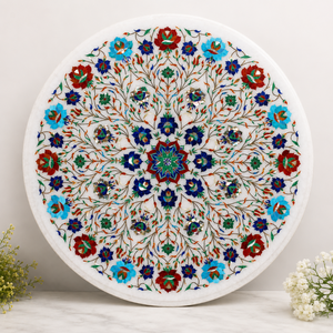 Assiette décorative de luxe en marbre blanc fait main avec incrustation de pierres semi-précieuses et miroir |   Décoration murale de mariage ronde polie en Pietra Dura - Product Image 2