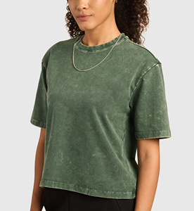 Camisetas Casuales de Manga Corta para Mujer, Lavado Ácido, Lona, Color Liso, Corte Regular, Todas las Tallas, Color Sólido, Alta Calidad, Marca Privada - Product Image 4
