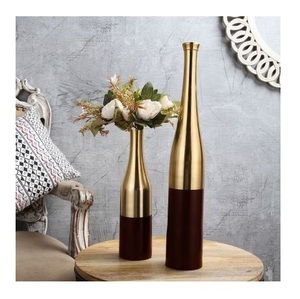 Modern Brass Tabletop <b>Vase</b> <b>Set</b> Handmade Gold Finish with Brown Base for Wedding Decor - Product Image 2