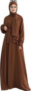 Women Brown <b>Abaya</b> Hijab Robe Long Sleeve Maxi Dress High Neck Solid Color Loose Fit Modest Daily Wear - Product Image 3