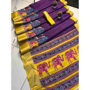 DISEÑADOR DOLA SEDA JACQUARD BORDER WORK SAREE CON BLUSA SIN COSTAR MORADO - Product Image 1