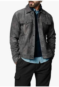Men s Gray <b>Suede</b> Leather <b>Jacket</b> Turn-down Collar Button Closure Regular Fit Autumn Wear Casual Style Men <b>Suede</b> Leather <b>Jacket</b> - Product Image 6