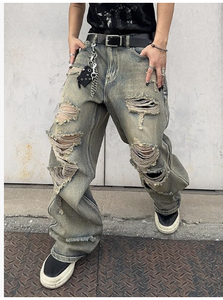 Pantalones Vaqueros Anchos para Hombre, Estilo Desgastado, Corte Holgado, Cintura Alta, Rotos, Estilo Urbano, de Algodón, para Otoño - Product Image 5