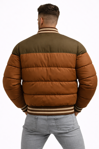 <b>Mens</b> Brown Hooded Color Block Varsity Puffer <b>Jacket</b> Winter Quilted Waterproof Breathable Eco-Friendly Zip Front Custom OEM ODM - Product Image 5