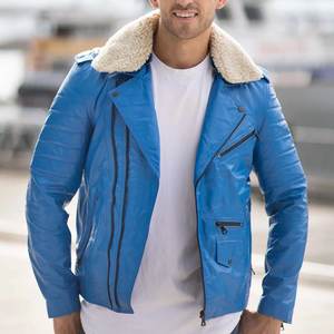 Veste en cuir bleue personnalisée avec logo pour hommes, fermeture éclair, streetwear, haute qualité, respirante, pour l'hiver. - Product Image 1