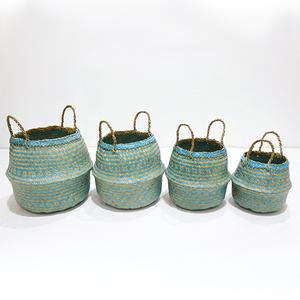 Cesta de Almacenamiento Tejida Azul con Diseño Circular de Hoja de Palma, Duradera, Plegable, con Asa, para Macetas - Product Image 6