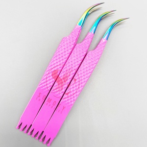 Pinzas de pestañas de acero inoxidable con logotipo personalizado profesional Pinzas de extensión de pestañas curvas de volumen de etiqueta privada de fibra puntiaguda - Product Image 3