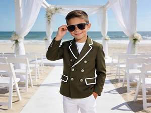 Costume de blazer vert olive à double boutonnage pour garçons pour mariage à la plage |   Costume de fête formel pour enfants avec passepoil blanc - Product Image 1