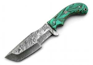 Cuchillo Tanto de Hoja Fija de Acero de Damasco Hecho a Mano para Camping y Uso en Exteriores con Mango de Resina Verde con Remolinos y Perno de Mosaico para Utilidad en Campo - Product Image 1