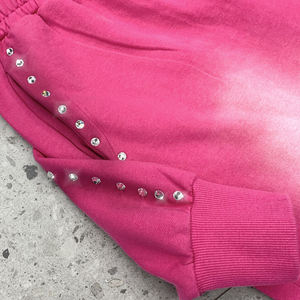 Ensemble survêtement et sweat à capuche pour femme en molleton French Terry 500 GSM, style streetwear, zippé, délavé à l'acide, avec strass - Product Image 4