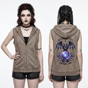Custom <b>Zip</b> Up Sleeveless <b>Hoodie</b> Women Vintage <b>Brown</b> Vest <b>Hoodie</b> Gothic Bat Graphic Print Distressed Sleeveless Sweatshirt - Product Image 1