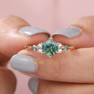 Anillo de Compromiso de Ágata Musgosa Hexagonal, Anillo Nupcial de Ágata Musgosa en Oro de 14K con Acento de Diamante, Anillo de Promesa Inspirado en la Naturaleza, Joya Fina Única - Product Image 4
