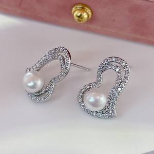 Hao Shi Fashionable Inlaid 6-7mm Freshwater <b>Pearl</b> <b>Earrings</b> Love Style High-End Temperament for Women Wholesale - Product Image 3