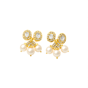 18K Gold Plated Oxidized Polish Vintage Oval Multi Stud Charm Earrings with Pearl and Diamond Casual - Product Image 2