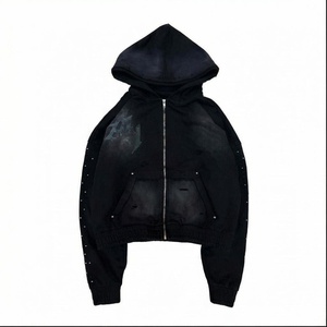 Sudadera con Capucha Oversize Gótica con Cremallera para Hombre, de Algodón Tejido, Largo Corto, Diseño con Estampado Frontal, Estilo Otoñal - Product Image 1