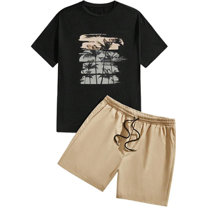Ensemble décontracté 2 pièces pour homme : T-shirt noir imprimé à col rond et short kaki à cordon de serrage en coton tricoté respirant – Tenue d'été - Product Image 1