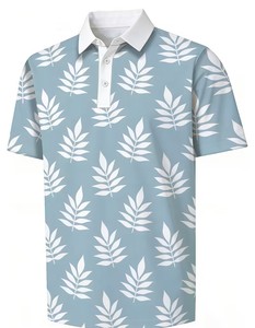 Men's Light Blue White Leaf Print Short Sleeve Polo Shirt Casual Breathable Cotton Oxford Fabric Digital Printed Regular Fit - Product Image 4
