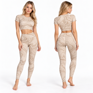 Ensemble de vêtements de yoga pour femmes, 2 pièces, haut court à manches courtes imprimé et leggings longs, 100% polyester, ensemble de sport rapide pour la salle de sport, pour femmes - Product Image 2