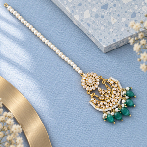 High Quality Pearl Chain Crescent Teal Drop Maang <b>Tikka</b> Wholesale Bulk Custom Design - Product Image 4