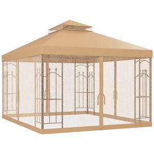 Gazebo da Giardino 10x12 Marrone con Doppio Tetto e Scaffali Angolari, Riparo Impermeabile in Acciaio per Esterni, Ideale per Villa, Cortile, Parco, Centro Commerciale - Product Image 1
