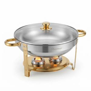 Plat chauffant rond en acier inoxydable avec couvercle en verre transparent, poignées dorées et support de brûleur double combustible pour la maison et l'hôtel - Product Image 1