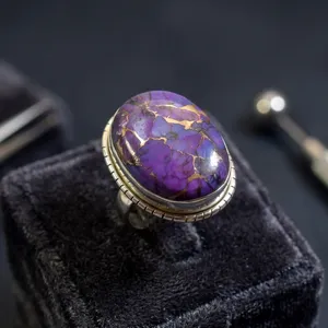 Wholesale 925 Sterling Silver Purple <b>Copper</b> Turquoise Gemstone Statement Ring Bezel Setting Unisex Jewelry - Product Image 3