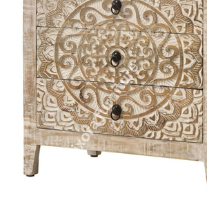Luxury Handcrafted Solid Wood 3 Drawer Nightstand Ornate Mandala Jaali Carving Antique White Wash - Product Image 4