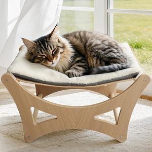 Wooden Elevated Cat <b>Beds</b> with Natural Sisal Scratching Mat, with Removable Soft Cushion, Cats Scratching <b>Beds</b> with Wood <b>Frames</b> - Product Image 1