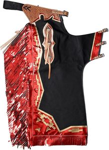 Men Western <b>Chaps</b> Leather Red Fringe Buckle Closure <b>Riding</b> Apron - Product Image 2