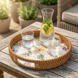 14 inch Round Rattan <b>Tray</b> Home Decor, Wicker Serving <b>Tray</b> with Mother of Pearl Inlay, Boho Decorative <b>Tray</b> for Coffee Table, - Product Image 6