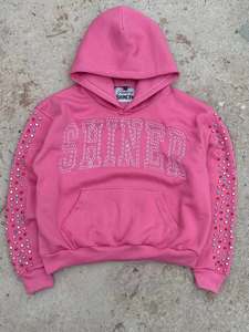 Shiner <b>Red</b> Oversized <b>Hoodie</b> Rhinestone Sleeve Detail Casual Streetwear Sweatshirt Unisex Cotton French Terry - Product Image 3