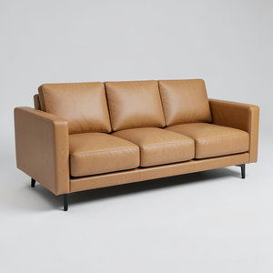 Canapé en cuir de vache véritable de style moderne du milieu du siècle, 3 places, canapé en cuir marron, design minimaliste, canapés pour salon - Product Image 1