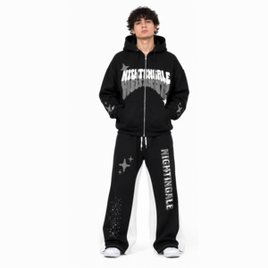Survêtement homme en molleton de coton avec logo personnalisé, impression puff, 100% coton, style streetwear tendance. - Product Image 1