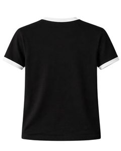 Camiseta Ringer Negra Personalizada para Mujer con Cuello y Ribete de Manga en Contraste Blanco, Top Casual de Verano de Manga Corta de Algodón para Streetwear - Product Image 5