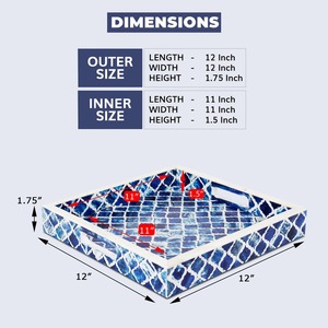 Plateau décoratif en bois avec incrustations de os bleus, fait à la main, rectangulaire, pour servir, décoration de table pour le salon - Product Image 2