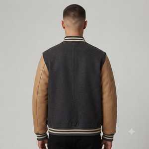 <b>Men's</b> Dark Gray Casual <b>Baseball</b> Varsity <b>Jacket</b> With Tan Leather Sleeves Turn-down Collar Button Closure Casual Autumn Wear - Product Image 3