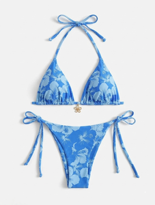 Premium 200 GSM Polyester Spandex Printed <b>Bikini</b> <b>Set</b> Blue Yellow Tie Side Swimwear Custom Logo Women <b>Bikinis</b> <b>Set</b> - Product Image 4