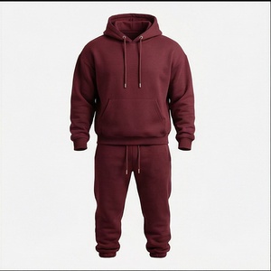 Men's <b>Maroon</b> Hooded Tracksuit Solid Color Full Length Cotton Casual Sweatshirt And Pants Set Breathable Drawstring Closure - Product Image 1