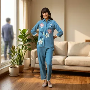 Blue Linen Cotton Embroidered Floral Shirt and <b>Trousers</b> Set for Women with Turn-<b>down</b> Collar and Three Quarter Sleeve Casual Wear - Product Image 5