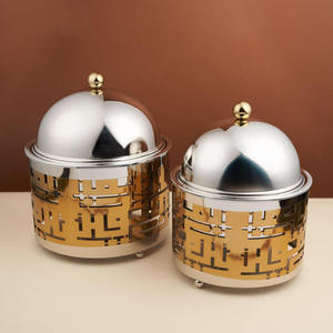 Calentador de Buffet de Lujo Redondo de Acero Inoxidable Bicolor con Caligrafía Árabe Kufic Recortada y Tapa de Cúpula, Individual - Product Image 2