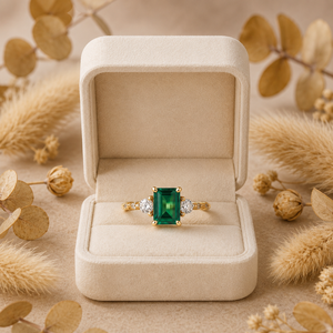 แหวนหมั้นทองคำขาว 14K ประดับเพชรสามเม็ด 1.50 กะรัต ทรงเหลี่ยมมรกตสีเขียว ประดับเพชรด้านข้าง - Product Image 4