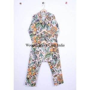 Ensemble de pyjama en coton à manches 3/4 à imprimé floral, imprimé à la main, vêtements de nuit pour femmes, couleur unie disponible, prix de gros - Product Image 5