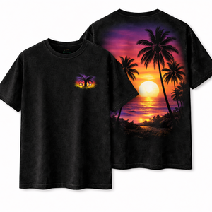Camiseta Personalizada con Estampado Gráfico de Palmeras al Atardecer Tropical, Camiseta de Verano de Algodón Oversize con Estampado Trasero, Venta al Por Mayor - Product Image 1