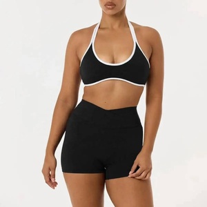 Women 2 Piece Yoga Set Black High Waist Shorts Scoop Neck Halter <b>Bra</b> Contrast Binding Breathable Spandex Polyester Solid Pattern - Product Image 1