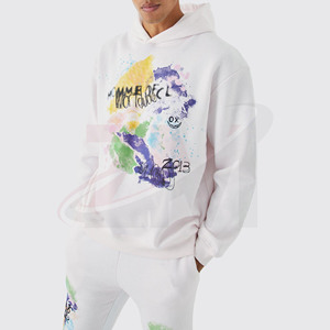 Front Print Men's <b>White</b> Hooded <b>Tracksuit</b> Set With Back Hand-Painted Logo Full Sleeve Regular Fit Casual Autumn Wear 100% Cotton - Product Image 1