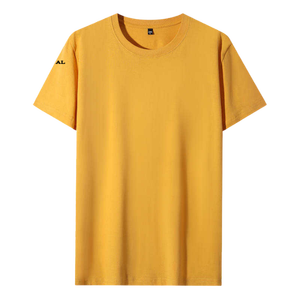 Men's Solid <b>Yellow</b> Short Sleeve O-Neck T-Shirt 100% Cotton Knitted Regular Fit Casual Style Logo on Left Sleeve - Product Image 1
